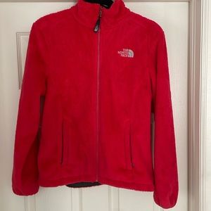 North Face red full zip jacket.